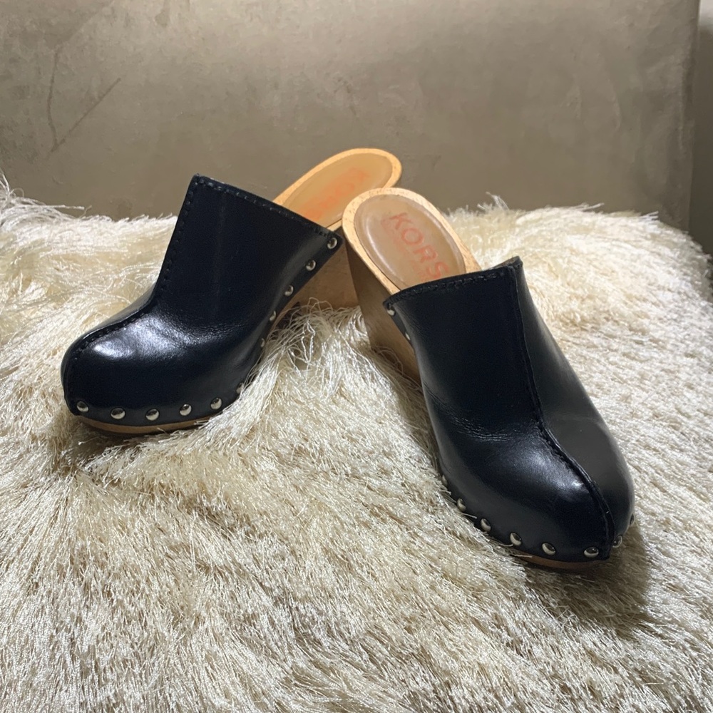 Michael Kors Black Leather Mules with Wooden Heel